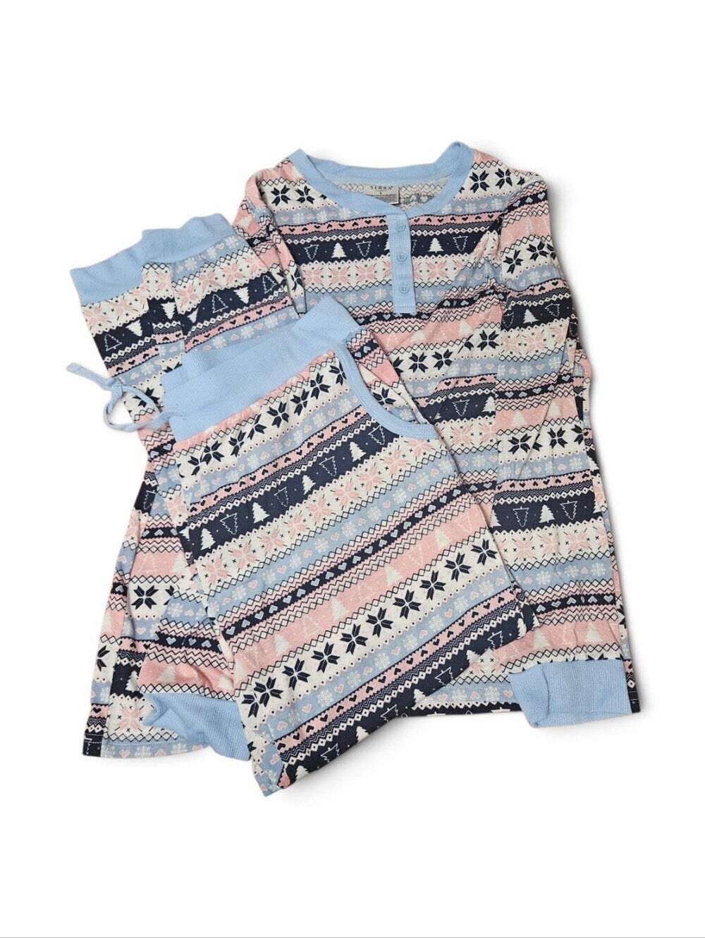 Serra Jersey Pajama Set pink&blue Fair Isle geometric winter pattern LG!